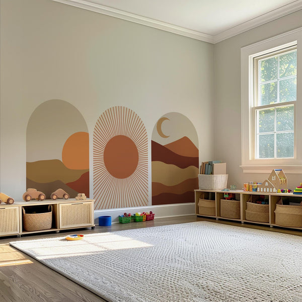 Warm Terracotta Arch Wall Art Set – Sunset, Crescent Moon & Desert Horizon