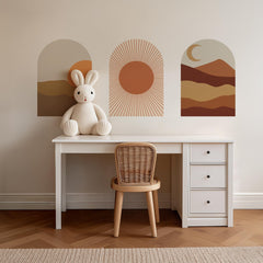 Warm Terracotta Arch Wall Art Set – Sunset, Crescent Moon & Desert Horizon