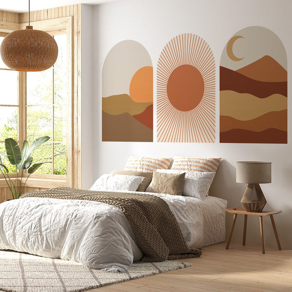Warm Terracotta Arch Wall Art Set – Sunset, Crescent Moon & Desert Horizon