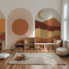 Warm Terracotta Arch Wall Art Set – Sunset, Crescent Moon & Desert Horizon