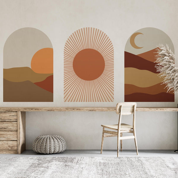 Warm Terracotta Arch Wall Art Set – Sunset, Crescent Moon & Desert Horizon