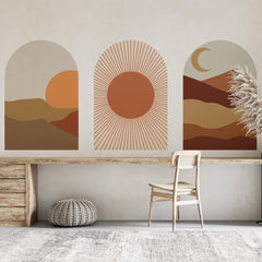 Warm Terracotta Arch Wall Art Set – Sunset, Crescent Moon & Desert Horizon