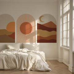 Warm Terracotta Arch Wall Art Set – Sunset, Crescent Moon & Desert Horizon