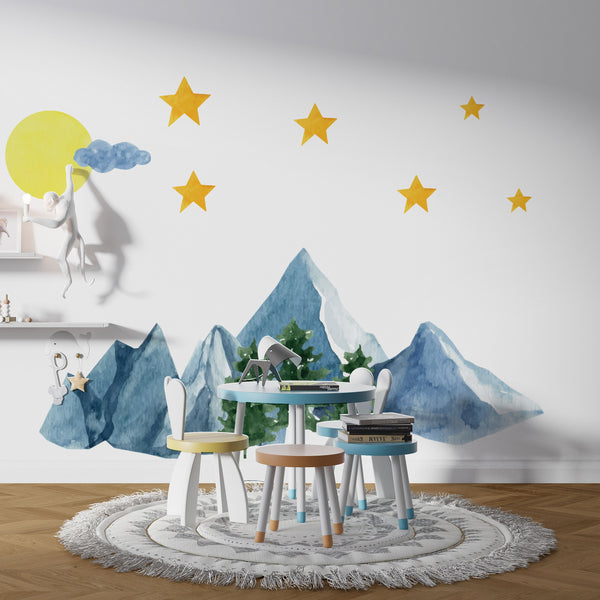 Watercolor Mountain Wall Decal: Removable Landscape Sticker, Nursery Decor