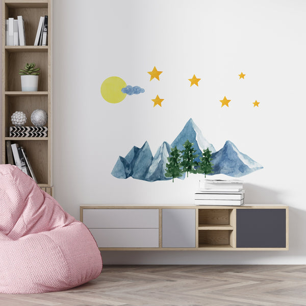 Watercolor Mountain Wall Decal: Removable Landscape Sticker, Nursery Decor