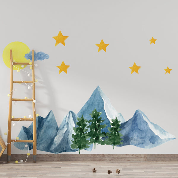 Watercolor Mountain Wall Decal: Removable Landscape Sticker, Nursery Decor