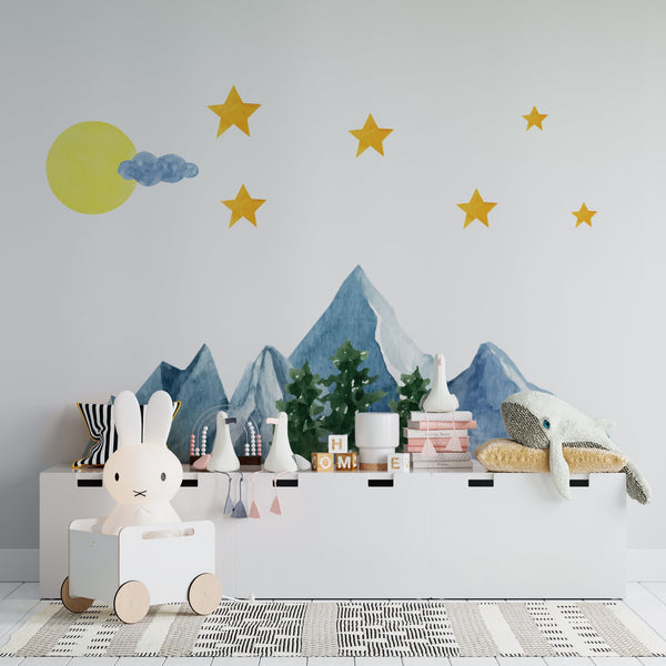 Watercolor Mountain Wall Decal: Removable Landscape Sticker, Nursery Decor