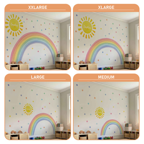 Watercolor Rainbow, Sun, Polka Dots Wall Decal for Kids Room, Nursery, Baby Room Decor, Polka Dots Mural, Rainbow Wallpaper