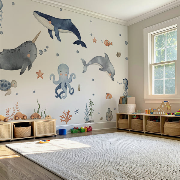 Narwhal & Whale Ocean Wall Decal Set