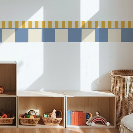 Stripe & Block Wall Border Denim above a playroom shelf