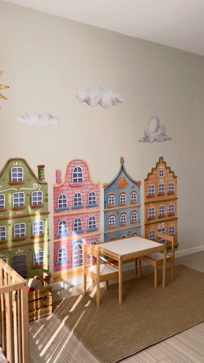 Colorful houses wall decal in a real kids room