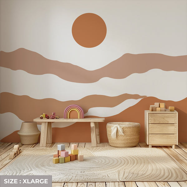 Terracotta Boho Sun Abstract Mountain Wall Decal – Peel & Stick Nursery Wall Mural