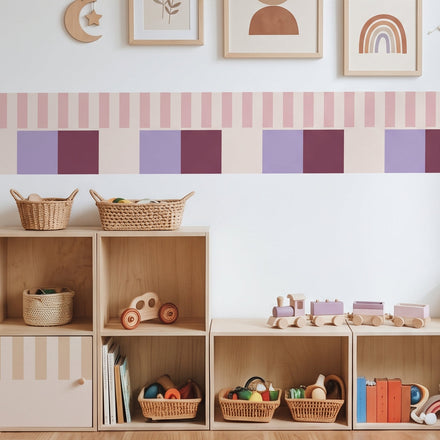 Stripe & Block Wall Border Plum in a playroom